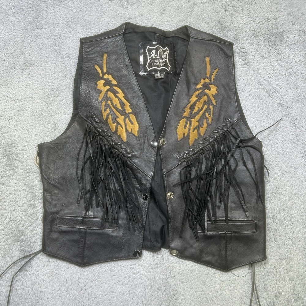Vintage A1 Genuine Leather Vest Women's L‎ Black Fringe Biker Moto Distressed